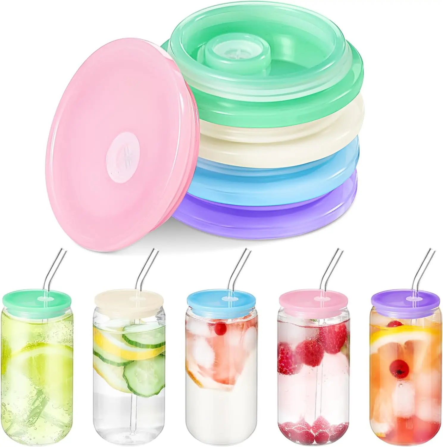 Wholesale 16oz 18oz Clear Beer Can Tumbler Jar Smoothie Cups Can Shaped Glass Cups with Colored Silicone Acrylic Lids
