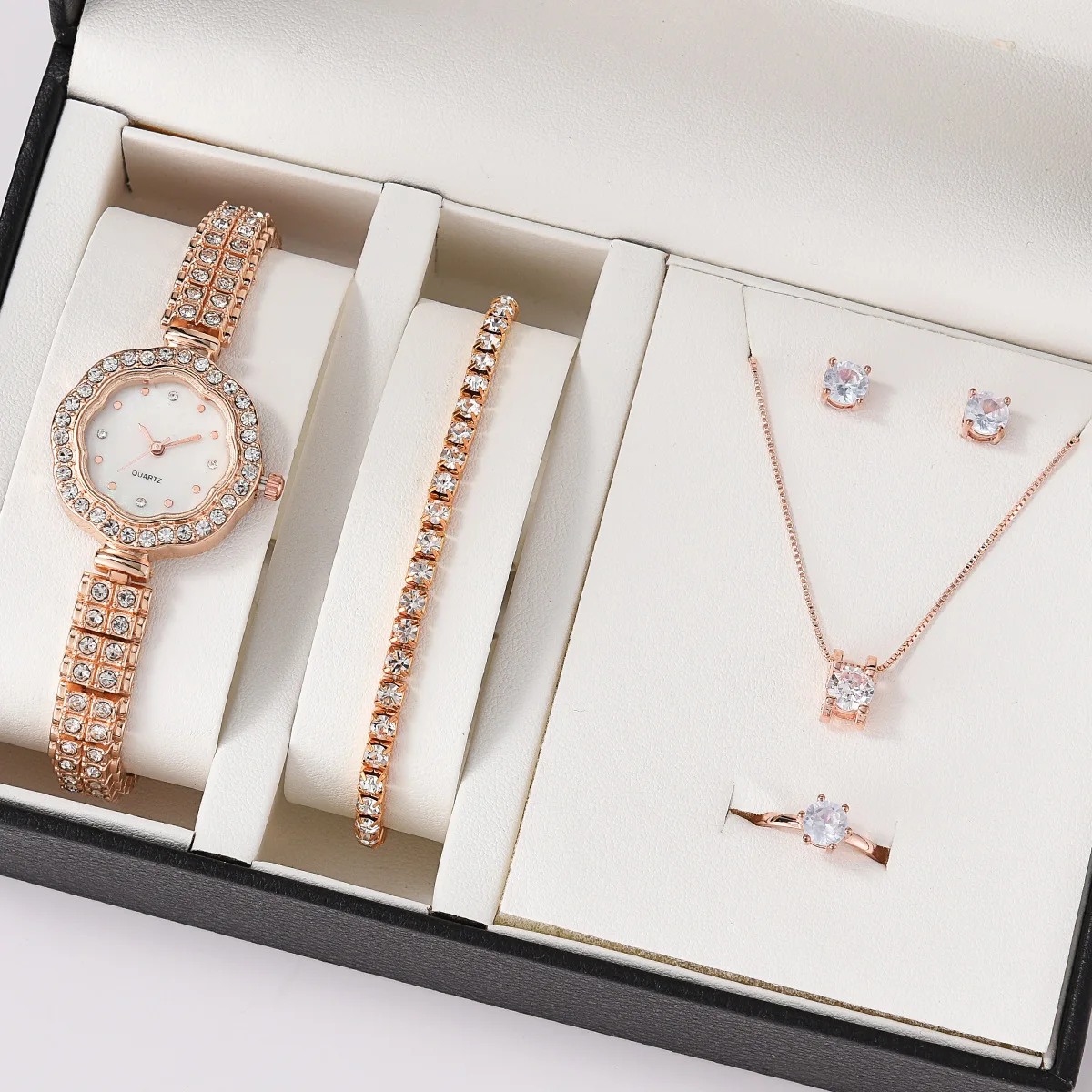 Fashion 5pcs Jewelry Gift Set Rose Gold Ladies Watch Sets Quartz Geneva Diamond Bracelet Stud Earring Necklace Jewelry Set