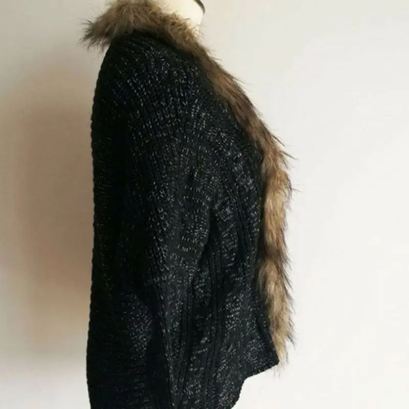 New Fashion Women European Style Fur Collar Bat Sleeve Knitted Cardigan Shawl Coat Winter Sweater