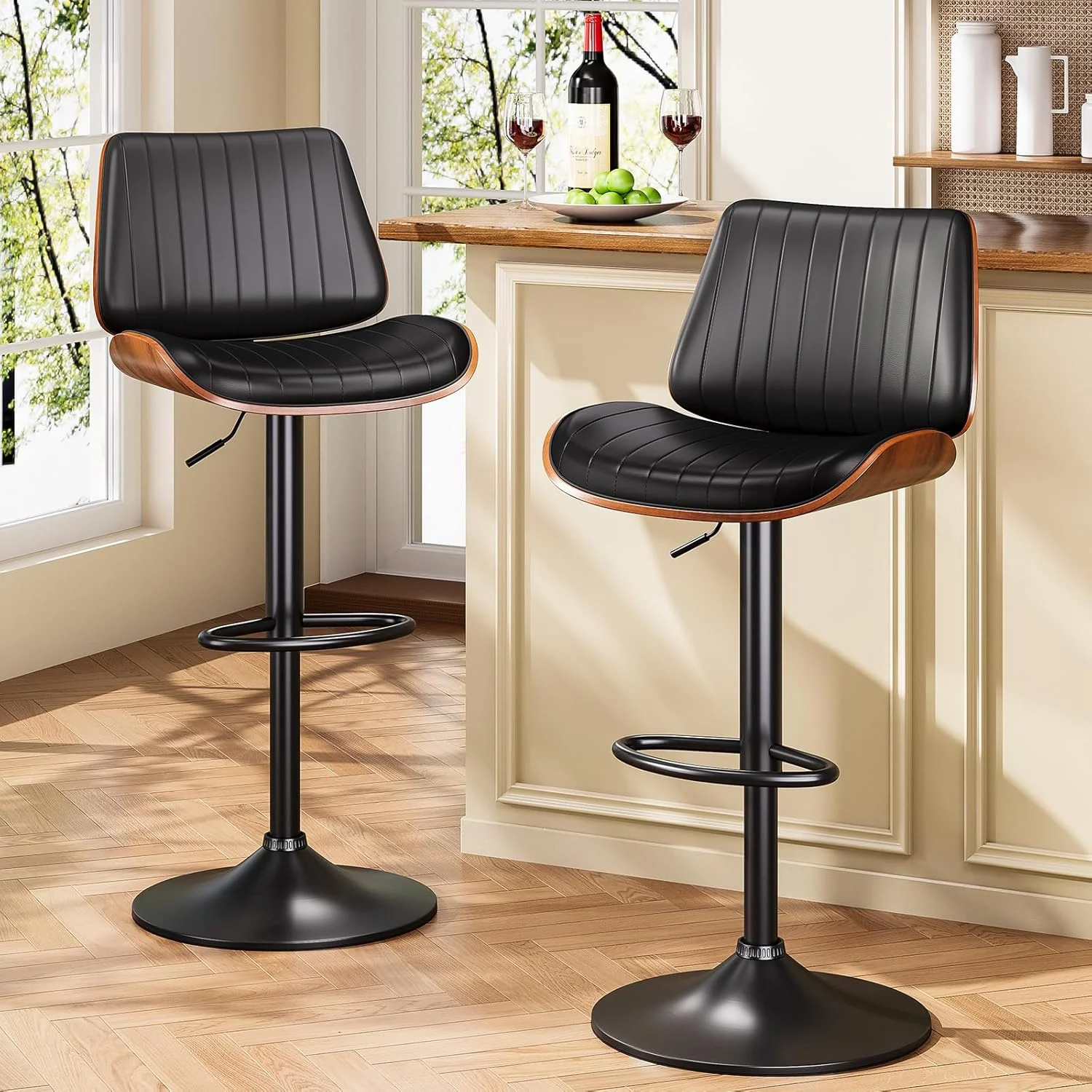 ALINUNU High Quality Modern Design Adjustable Height Swivel Bar Stools PU Leather Upholstered Bar Chair with Back Footrest Bar