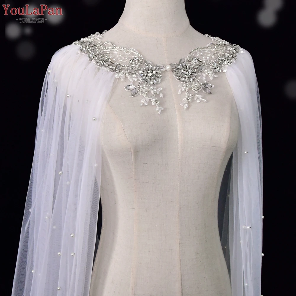 YouLaPan VG56 Luxury Long Tulle Church Wedding Cape Rhinestone Pearl Applique Neck Decoration  Trailing Shawl Bridal Cardigan