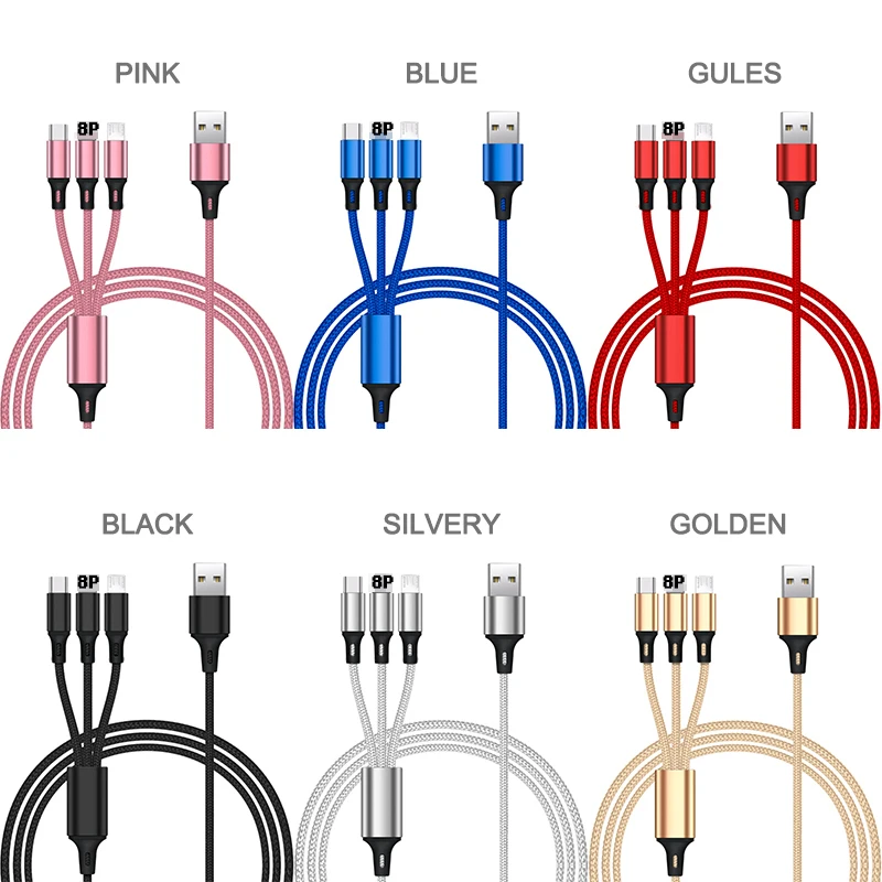 Многозарядный кабель в нейлоновой оплетке 3 в 1, Usb-кабель для зарядки, зарядный Usb-кабель 3 в 1 для мобильного телефона