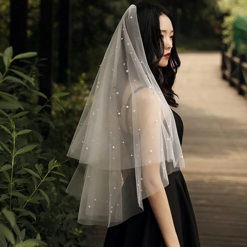 Ins Hot Handmade Factory Ivory Soft Tulle Pearl Bridal Veil Customized Vintage Evenly Spaced Small Pearl Wedding Bridal Veil