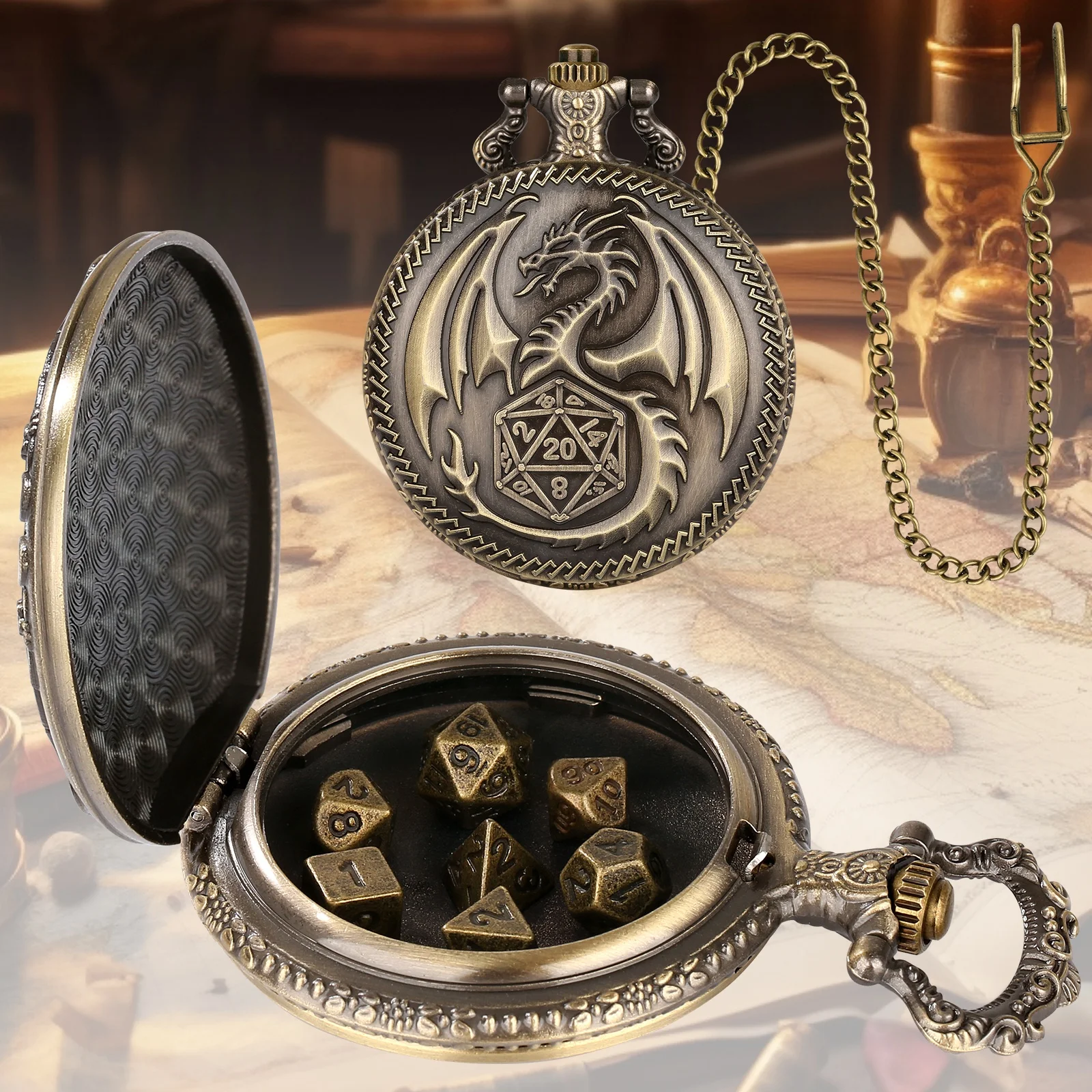 DND Dice Storage Case Pendant Gold Antique Old Pocket Watch for DND Player