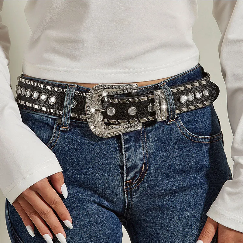 Top Selling Fashion Studded Punk Rivet Belts Stylish Rhine Stone Women Cool Girl PU Leather Belts Alloy Pin Buckle Waistband