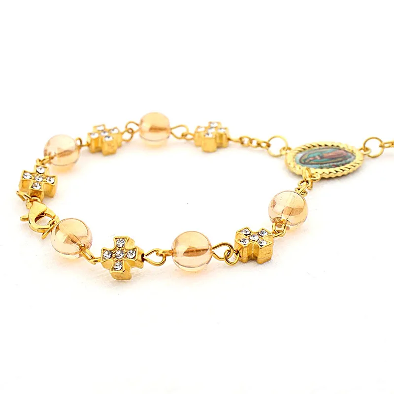 Wholesale Catholic rosary bracelet prayer fashion cross bracelet Gold imitation glass pearl handcrafted curved needle bracelet