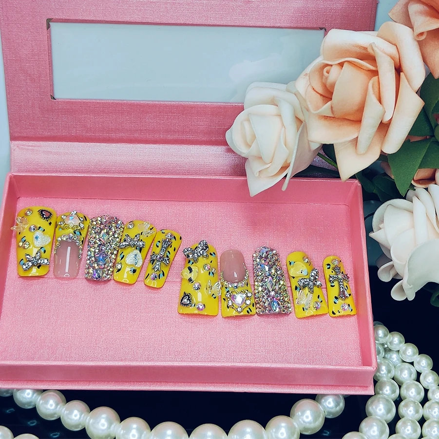 Duck Nails Handmade PMMA Acrylic Medium Square Nails with Rhinestones Love Butterfly Design Reusable Full Coverage Duck Nail