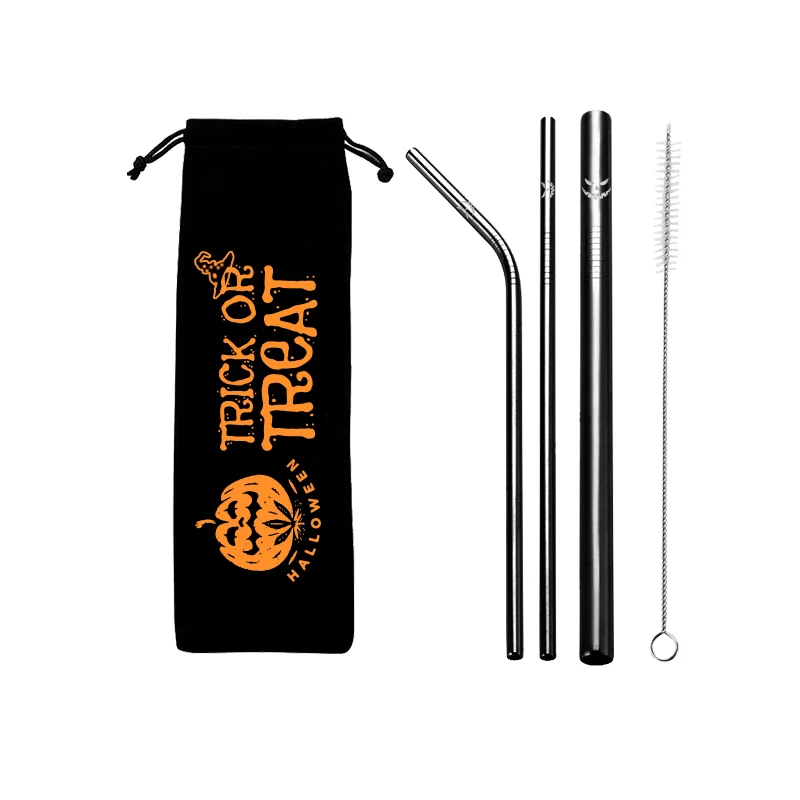 2021 Halloween Party Gift Pumpkin Pouch Stainless Steel 304 Reusable Portable Straw Set for Customer