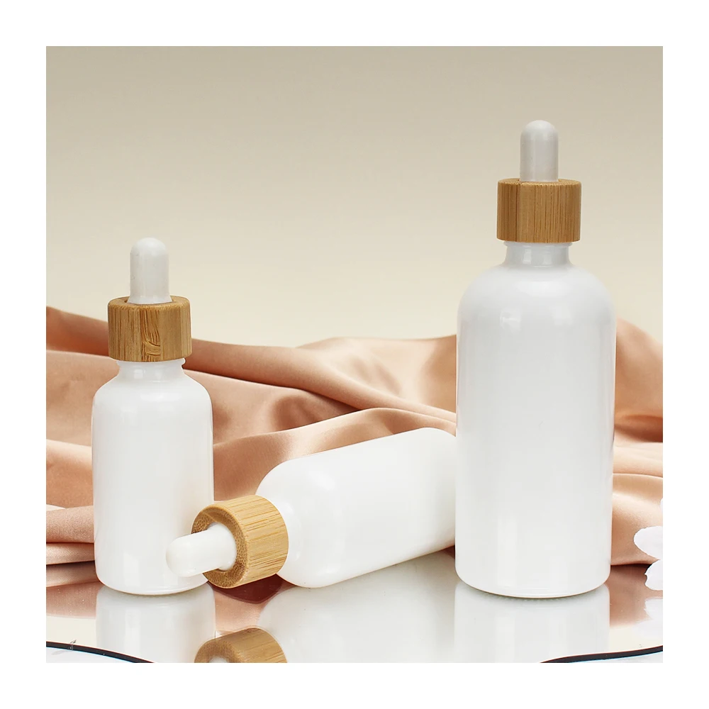 30ml 50ml 100ml White Glass Essential Oil Dropper Bottles White porcelain Empty Cosmetic Packaging Vials Bamboo Wood Lid