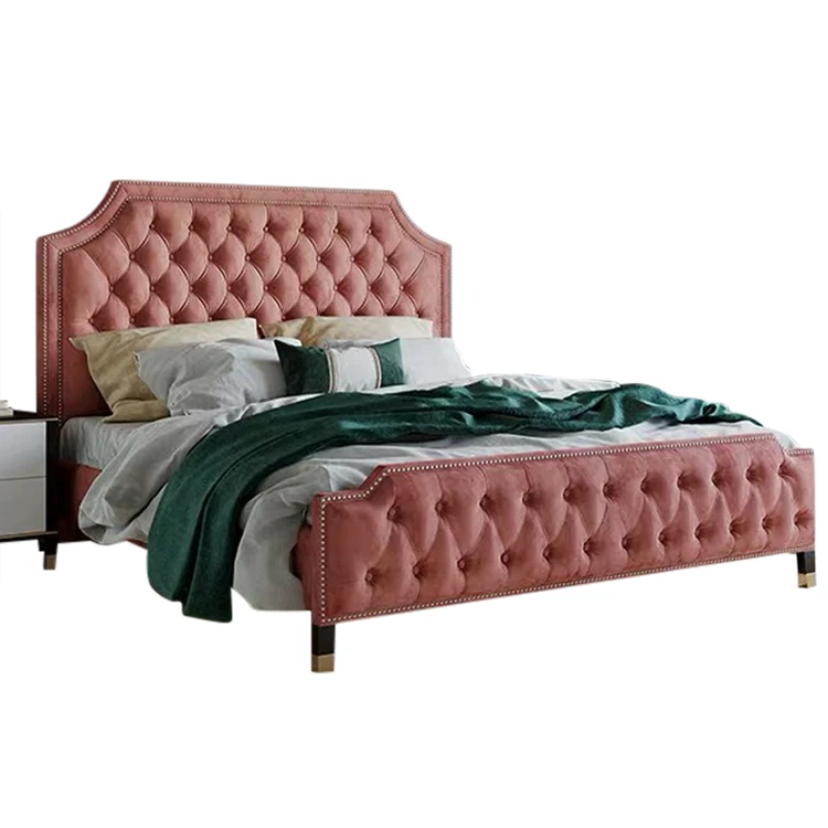 Bed Room Wooden Furniture Velvet Cloth Soft Bed Luxury Pine Solid Wood Beds Frame