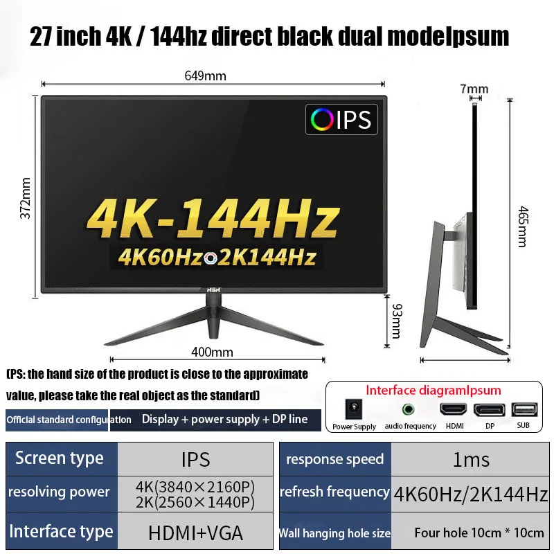 Monitor 144hz 27 inch esports desktop computer  micro touch Home office monitor 4K led computer screen monitor gamer