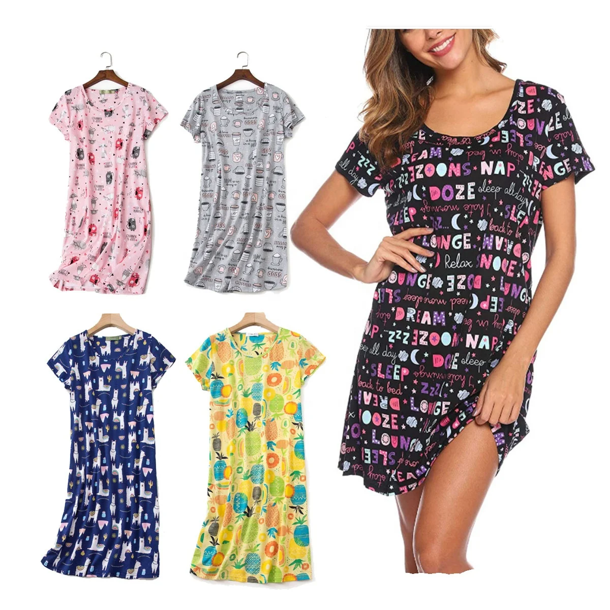 OEM casual nightgown cotton sleepwear for women short sleeve cartoon printing loose night dress t-shirt goodnight night dress