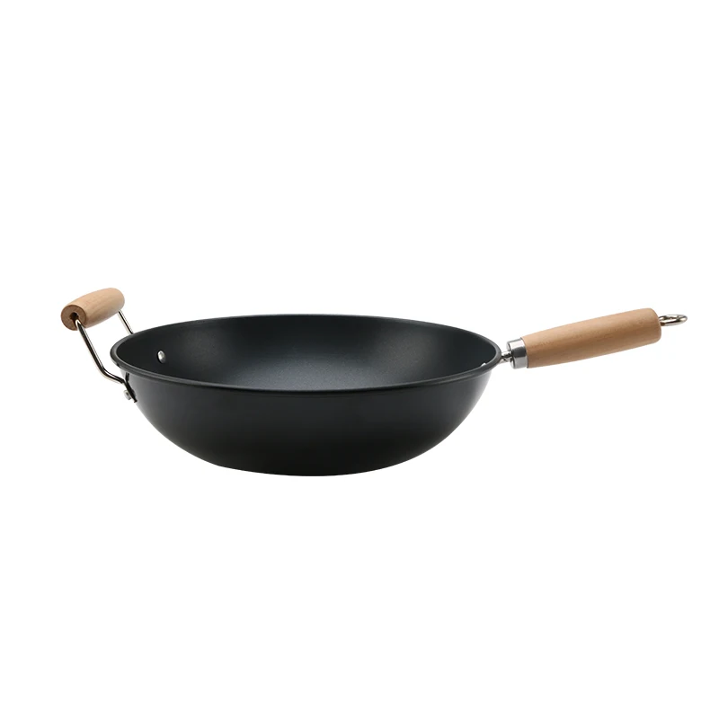 Wok Pan Carbon Steel Non Stick Wooden Handle New 30 Cm Black Carbon Steel Wok Pan