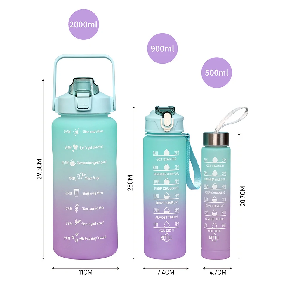 Wholesale 2000ml 900ml 500ml 3pcs Set Gradient Plastic Water Bottle Portable Frosted 2l Plastic Water Bottles