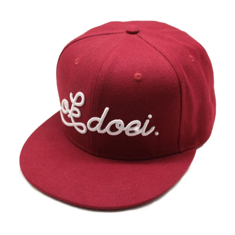 high quality promotion sports cap embroidered custom flat bill hats maroon color white logo snapback caps