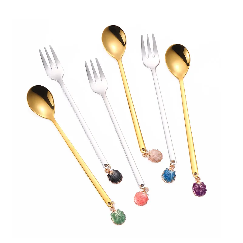 New 304 Stainless Steel Coffee Spoons Fruit Forks Gift Box Set of 6 Creative Shell Dessert Picks Household Cake Fruit Fork Spoon