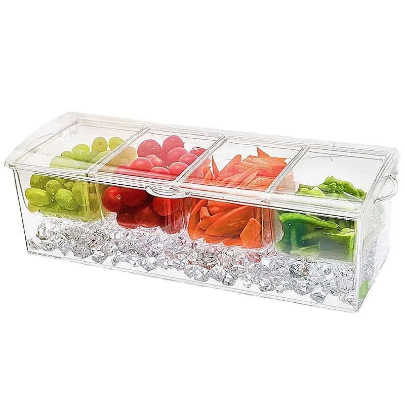 Clear PET Plastic Condiment Server Bar Garnish Holder Chilled with Ice Tray and 4 Removable Compartments
