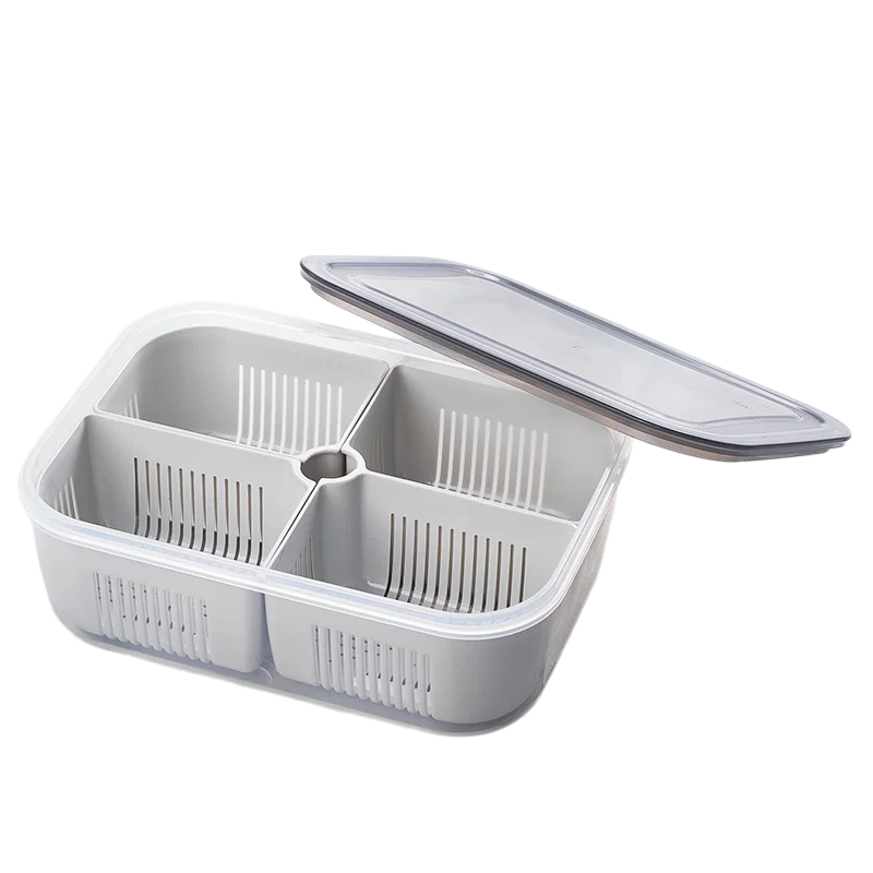 Kitchen fridge organizer microwaveable crisper drain box plastic food storage meal prep containers with removable compartments