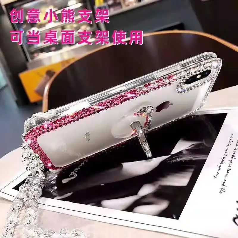 Luxury Diamond Clear Mobile Phone Case Cover With Ring Stand and Neck Strap For Iphone 11 12 13 Pro Max Case
