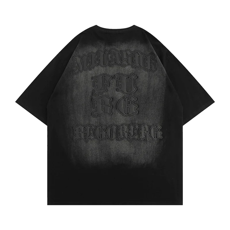 Custom Vintage Acid Wash T Shirt Oversized Drop Shoulder Designer Heavyweight Knitted O-Neck Logo Puff Printing Technique Fitted