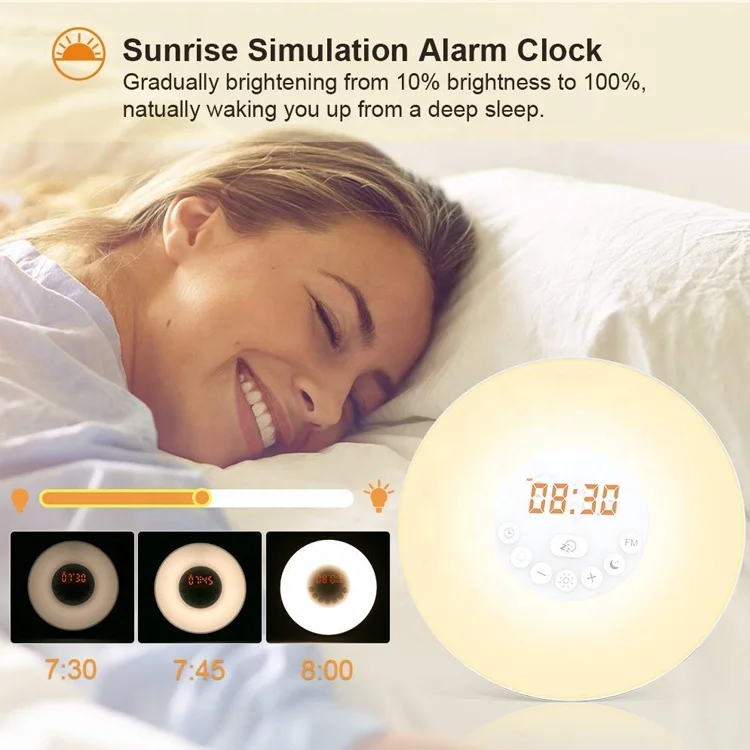 Wake Up Light Sunrise Alarm Clock with FM Radio Night Light Sunrise Sunset Bedroom LED Digital Alarm Clock