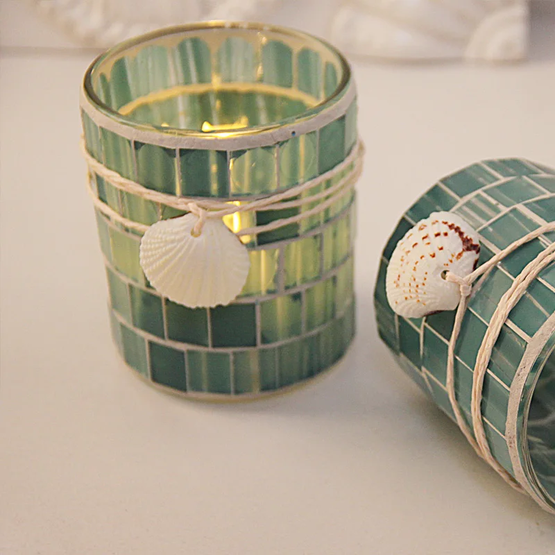 Small Tealight Cups Candle Holders with Shell Glass Heat Resistant Colorful Mosaic Luxury Royal Blue Glass Candle Jars Wholesale