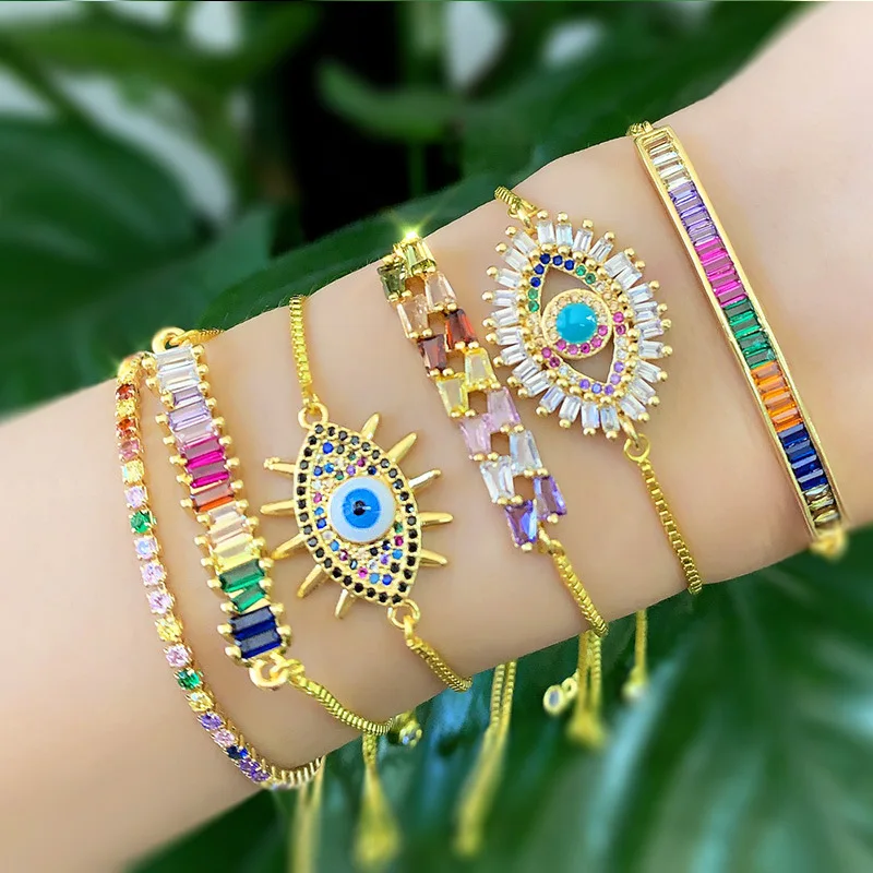Hot Sale Wedding Cz Cubic Zirconia Rainbow Charms Diamond Golden Turkey Evil Eyes Ankle Bracelet