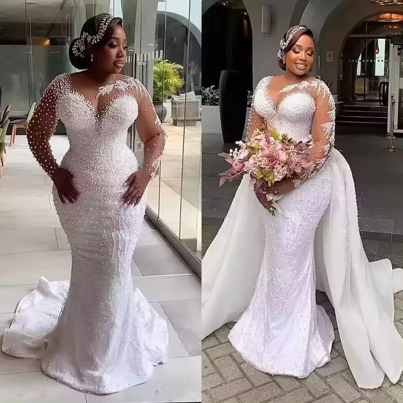 2024 Hot New African Plus-size Wedding Bride Fish Tail Removable Wedding Dress Embroidery Pearl High Quality Wedding Dress