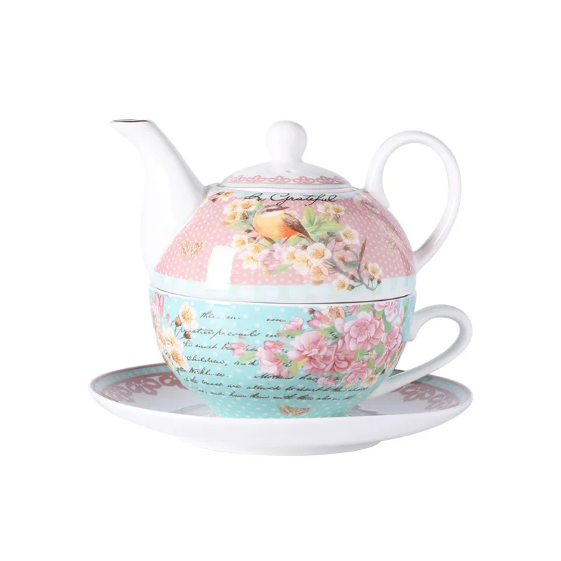 Porcelain teapot with cup in one person tea set with plate degin pink flower for gift party wedding