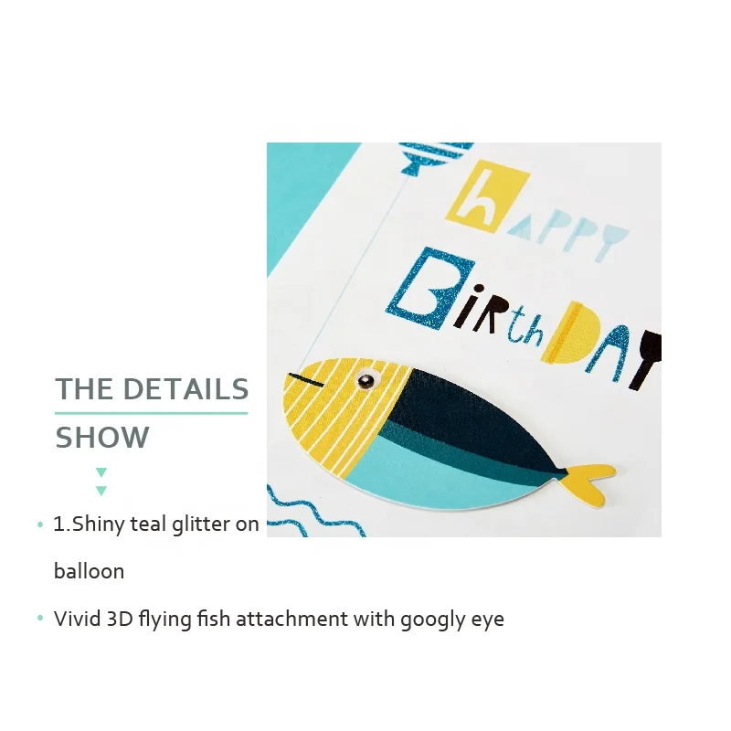 
New Design 3D Custom Handmade Shiny Glitter Cards, Lovely Fish Birthday Greeting Cards for Kids 