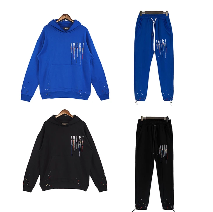 wholesale custom men acid wash black blue tracksuit vintage long sleeve hoodie and sweatpants set with pocket