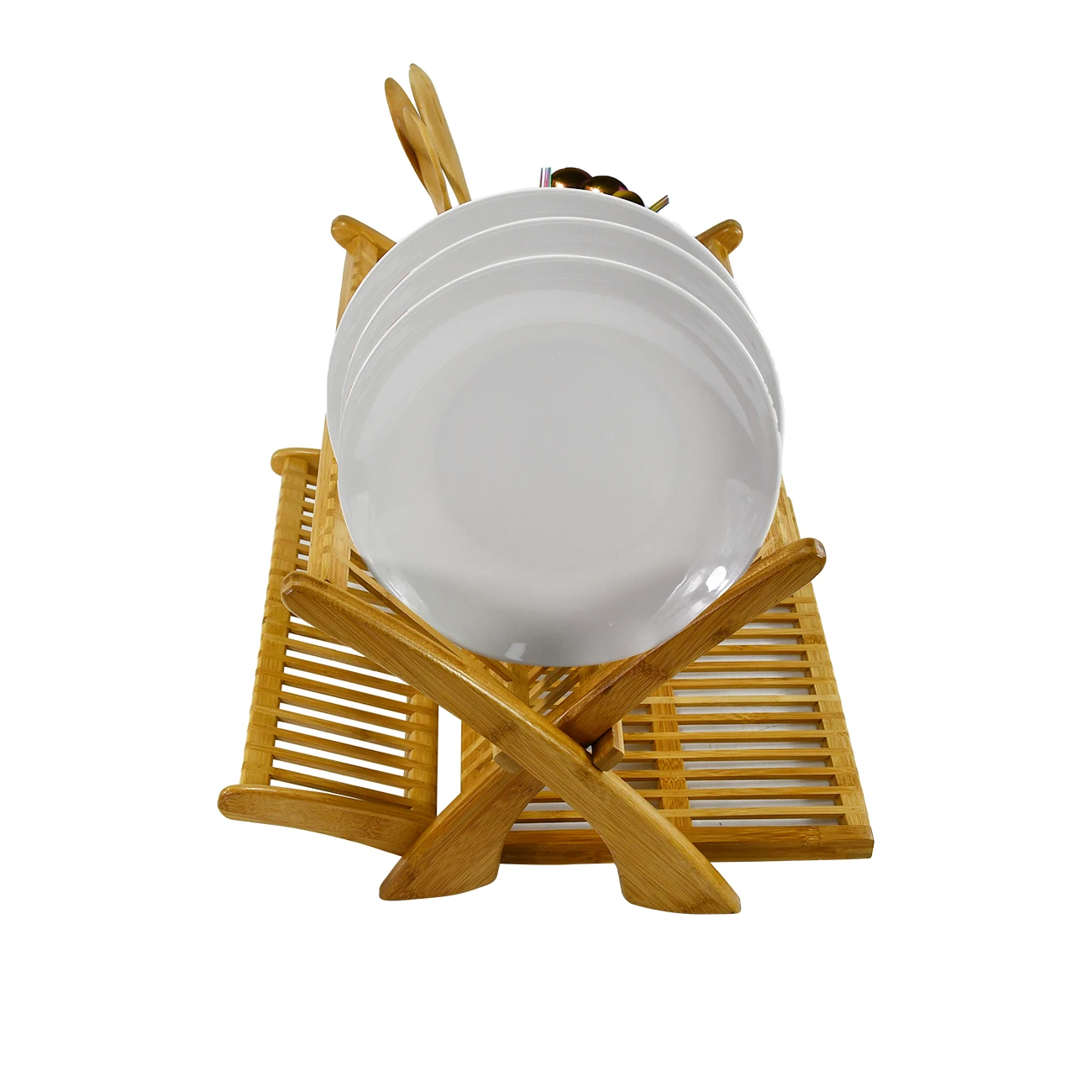 Foldable & Compact Bamboo Wood Plate Drainer Kitchen Dish Drying Rack and Utensil Holder for Kitchen Countertop