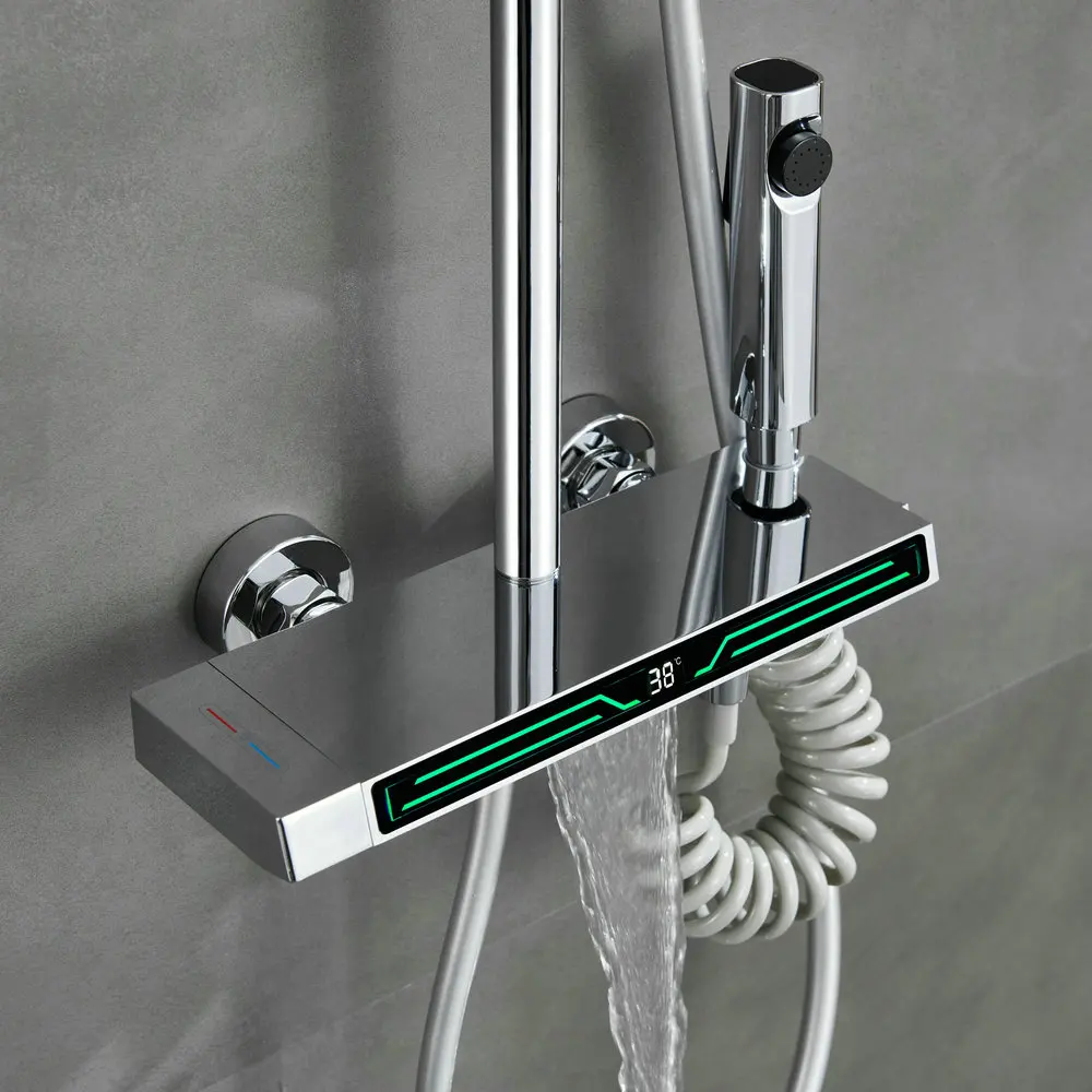 Fashionable New Design Exposed Bath and Shower Faucet System Set With Temperature Show and Ambient LED Light