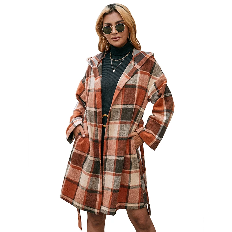Loose Casual Plaid Coat Mid-Length With Belted Hooded Overcoat Jacket Plaid Woolen Coat Women