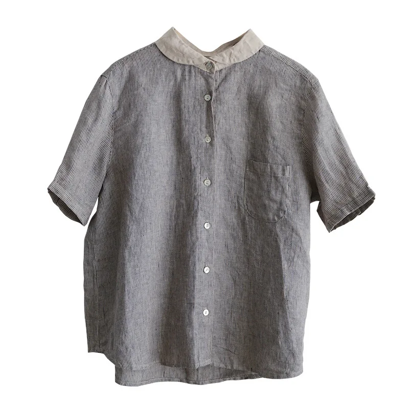 2022 summer patchwork design short sleeve blouse strip linen clothes women
