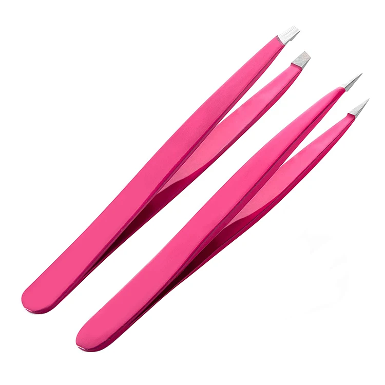 Private Label Stainless Steel Pointed Slanted Eyebrow Tweezers Custom Pink Tweezers Eyebrow for Ingrown Hair Splinters Removal