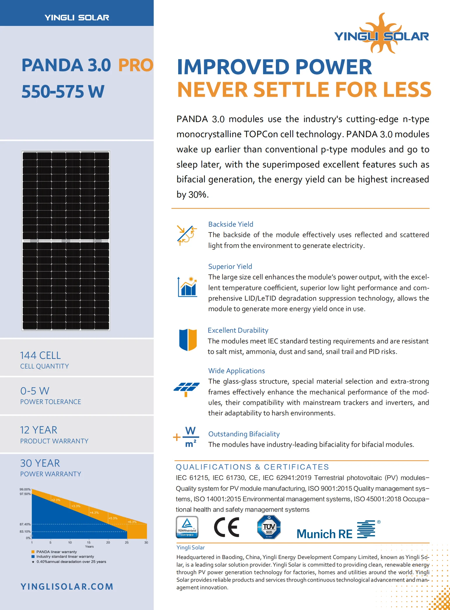 YINGLI solar panels EU PANDA N-type YL575CF72 e/2 550W-575W 550w solar energy panels OEM with tuv certificate