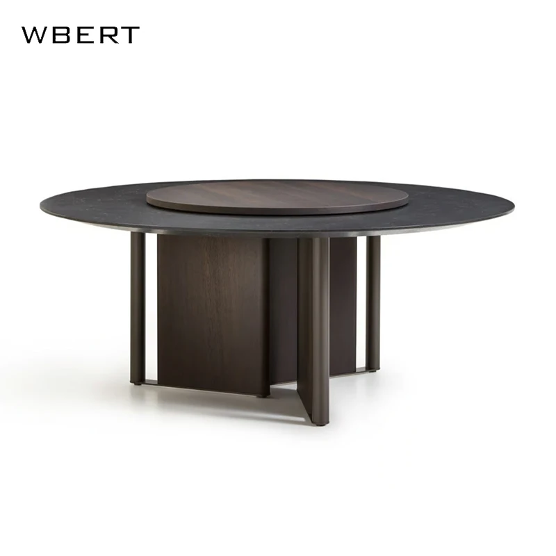 WBERT Modern  Living Room with Rotary Table, Solid Wood Marble Round Table Hotel Restaurant Furniture Minimalist Dining Table
