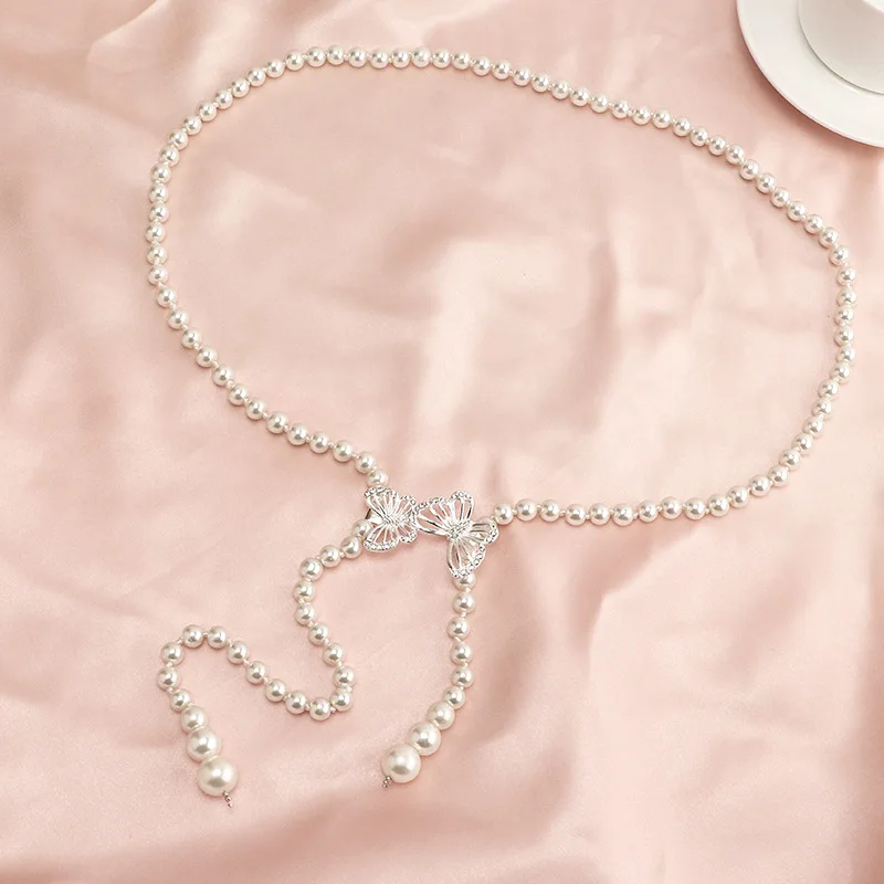 Fashion Elegant Dress Decorate Butterfly white Pearl Waist Women Elegant Chain Belt For Ladies Dress Waist Chain Belts