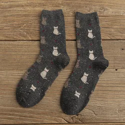 BELLEGIRL 2021 winter new arrival hot selling thick women medium tube sheep and rabbit fur women socks with cat pattern