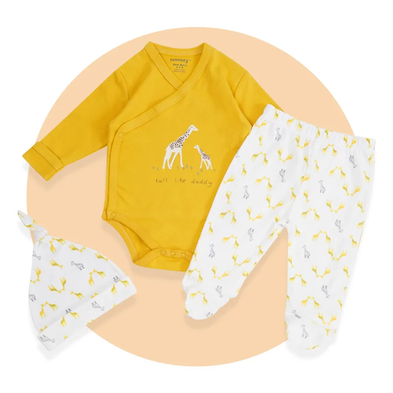 Wholesale Hot Selling long Sleeve romper  hat pants  Cotton Baby Clothes  3 Pcs Outfits Infant Clothing Set