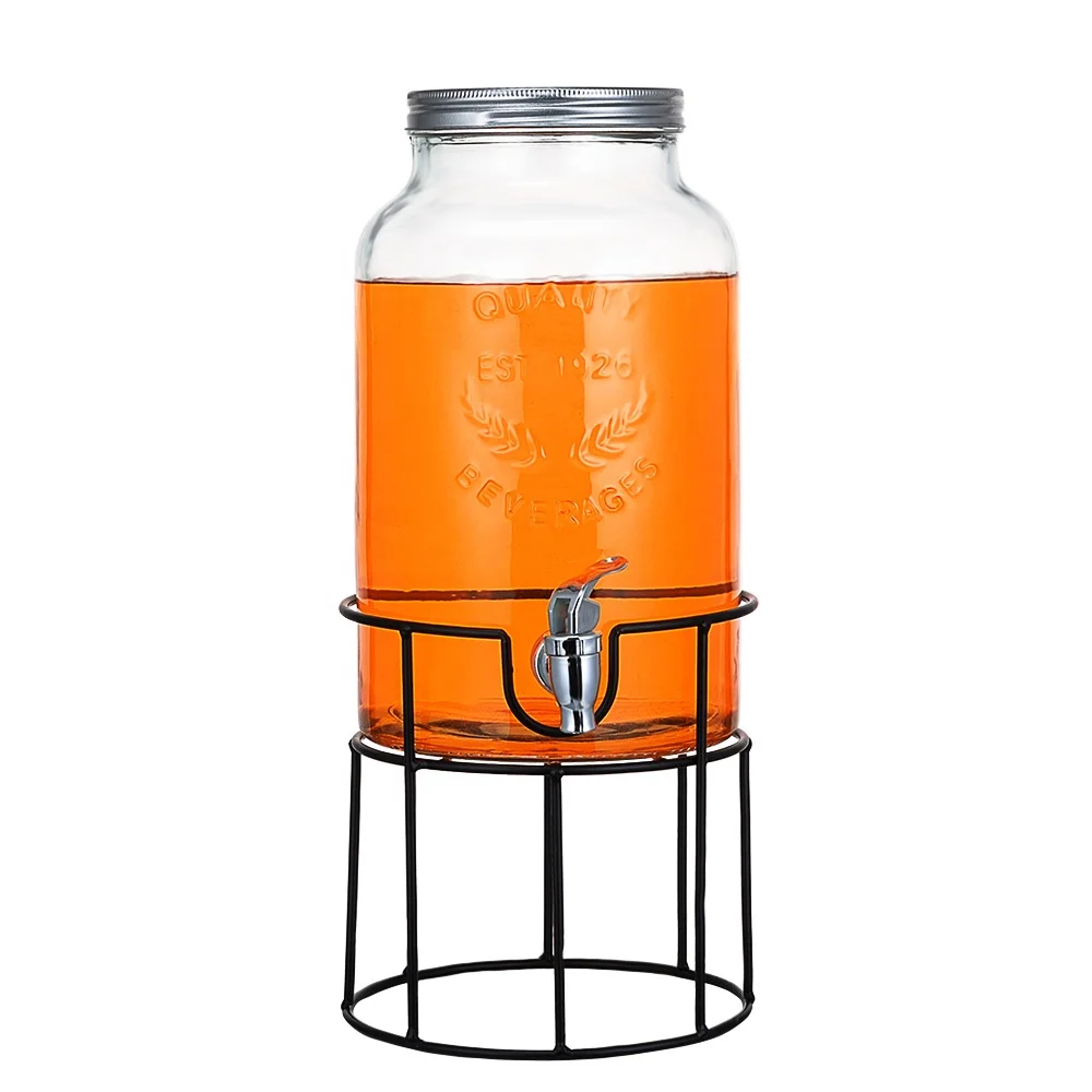 Wholesale 6L gallon Beverage container round glass juice beer cold drink dispenser jar with stainless steel tap and stand