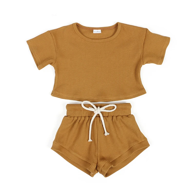 Wholesale baby clothing set Kids short sleeve top pants solid color summer wear