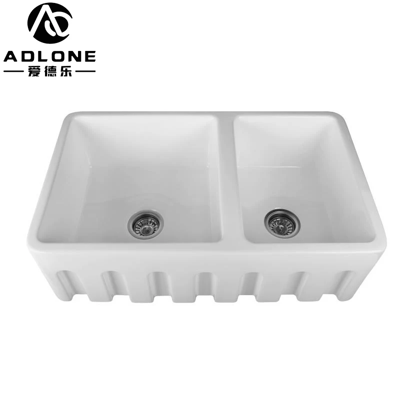North America 3020f Wholesale Ceramic Deep Farmhouse Large Fluted Double Bowl Kitchen Sink