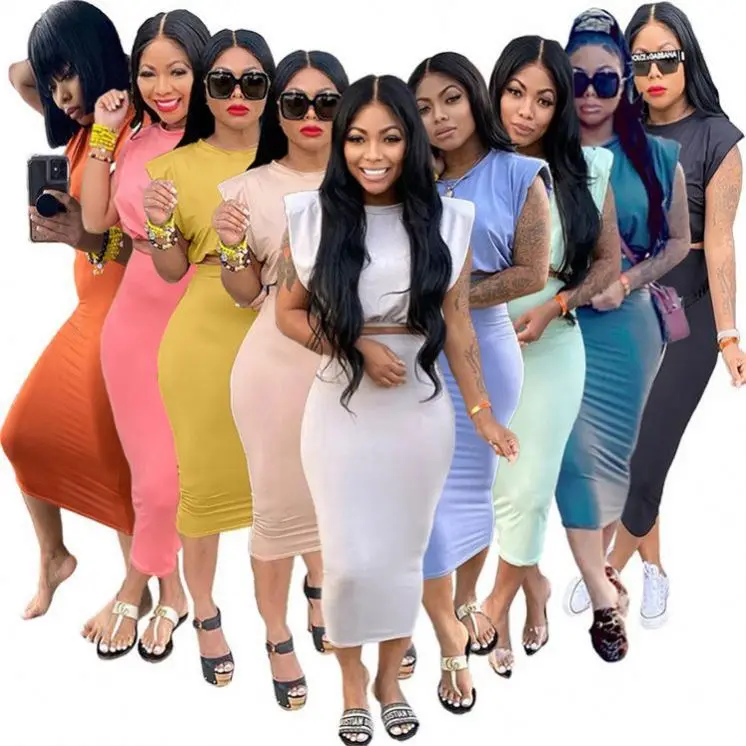 MISSMOEN New Stylish 2021 Summer Women Solid Color Sleeveless Long Skirt Two Piece Skirt Set For 2 Piece