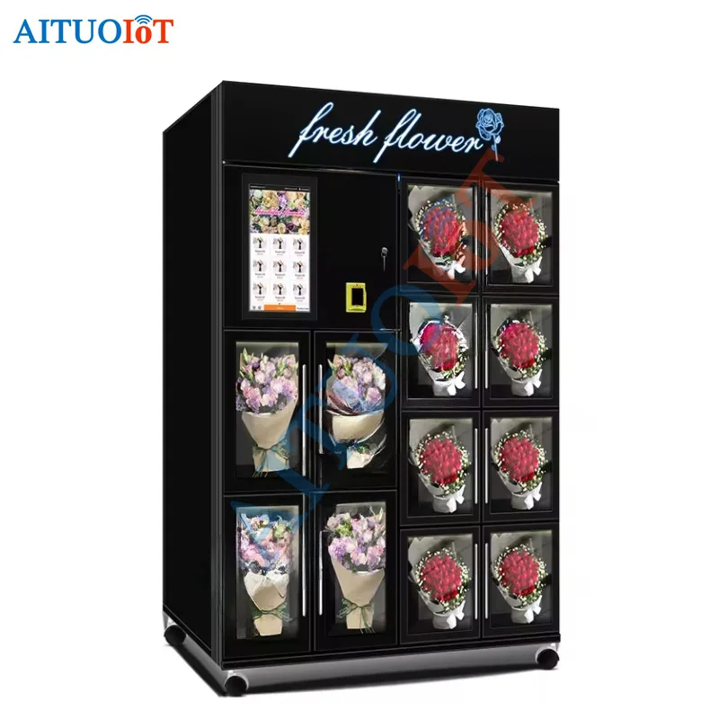 Black 12 Big Lockers HL-XHJ-Y-12A Touch Screen Flower Vending Machine with Coin Payment System Refrigeration Fresh Flowers