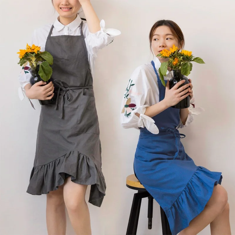 Kitchen apron gift Factory directly sales cheaper price 2022 New style ruffle Japanese linen Cotton apron custom logo and design