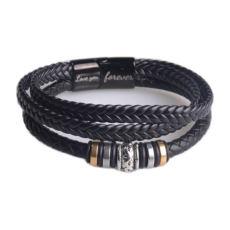 New Three layer black leather rope bracelet Stainless steel magnetic buckle I love you engraved stainless steel leather bracelet