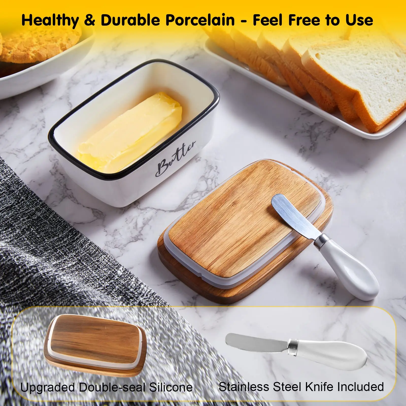 Luxury Ceramic Butter Dish with Lid and Knife Ceramic Customize Butter Container with Thick Acacia Wood Lid