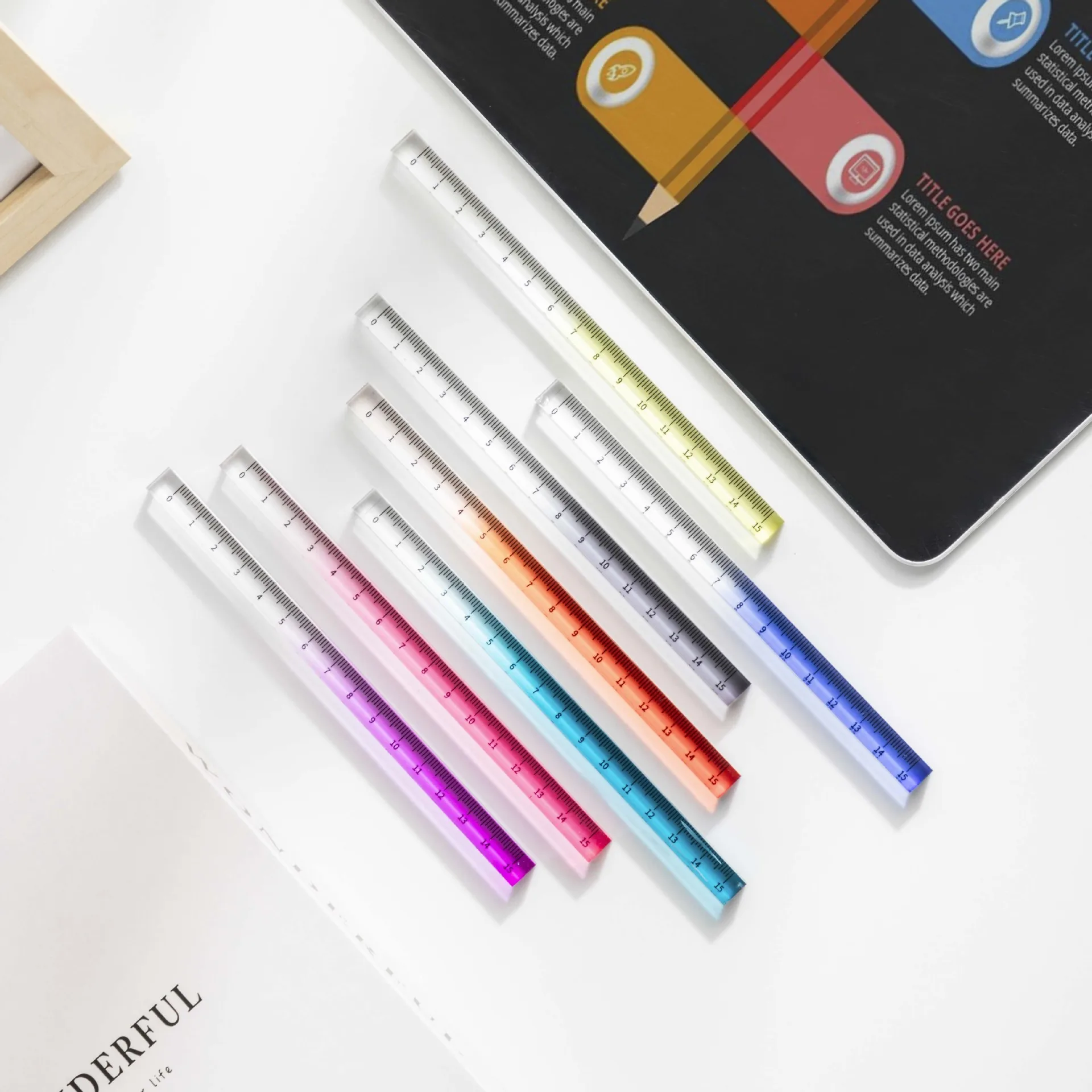 School Supplies Thickening Transparent Gradient Colored Cubic Ruler Smooth Clear Pretty Practical Four Sided Ruler For Student